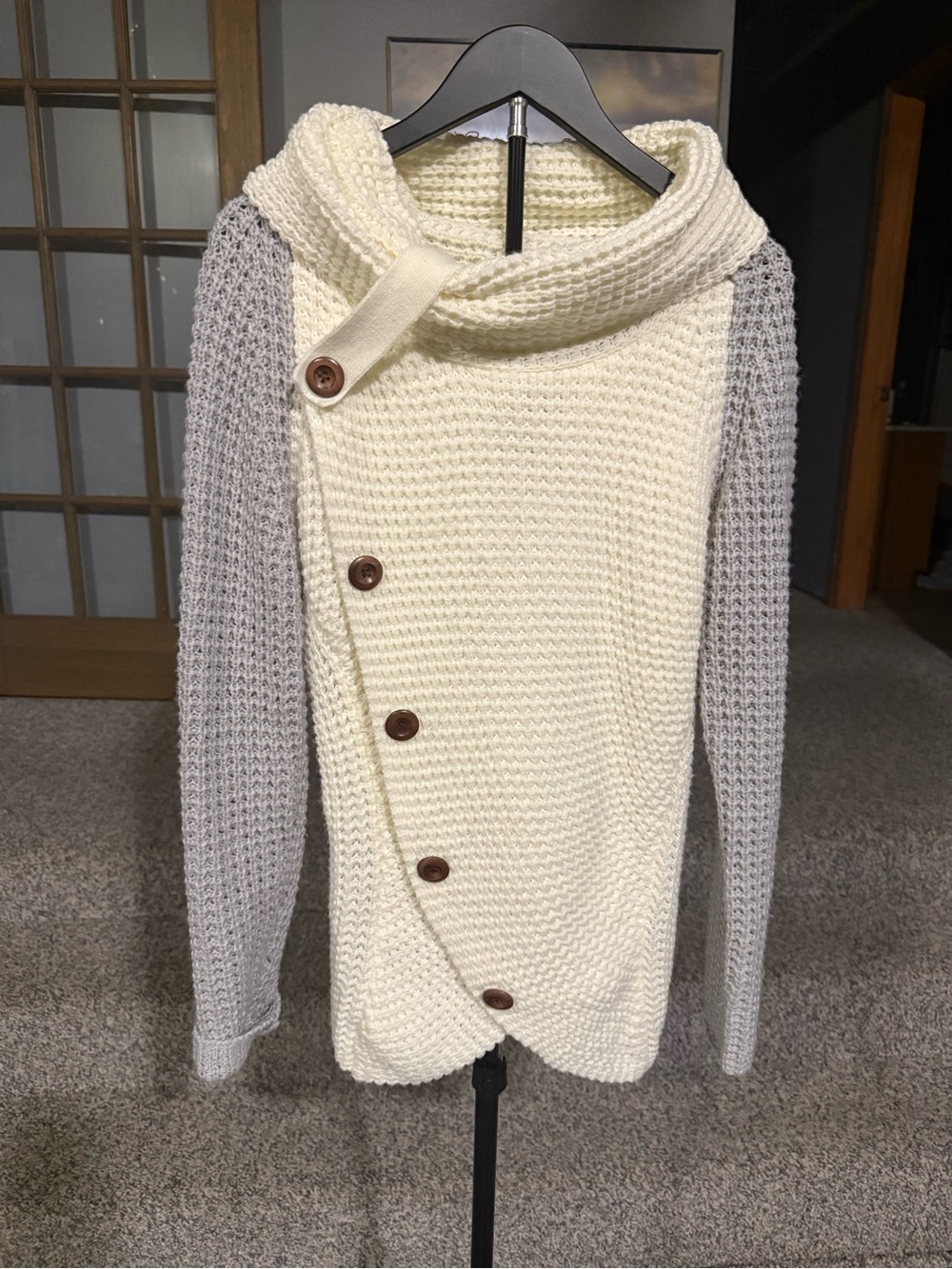 Cowl Neck Casual Button Detail Asymmetric Hem Wrap Sweater